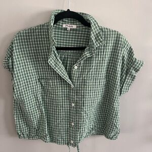 Madewell Green Windowpane Button-Front Short Sleeve Top